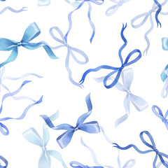 Hand drawn watercolor blue bows and ribbons. Seamless pattern. Valentines design for romantic invitations design, coquette core, girls decor