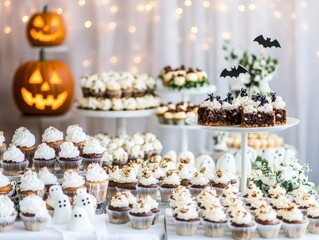 Naklejka premium A Halloween dessert buffet with bat-shaped brownies ghost cupcakes