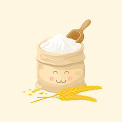 A sack of wheat flour cartoon cute, Starchy or carbohydrate foods that naturally contain gluten, Whole grains flour ingredient for used in bakery products, pasta, noodles and cooking process foods.
