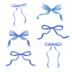 Hand drawn watercolor blue bows and ribbons. Valentines design for romantic invitations design, coquette core, girls decor