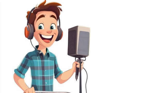 Happy voice actor cartoon speaking into a mic with headphones on, isolated on white