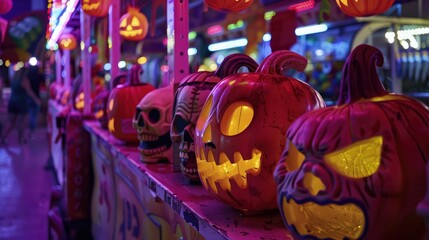 Fototapeta premium Vibrant Halloween display featuring glowing pumpkin lanterns and spooky decorations in a festive nighttime setting.