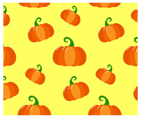 Cosy autumn pumpkins pattern on yellow background. Orange cartoon pumpkins. Cute design for wrappin, decoration, home decor, kids textile
