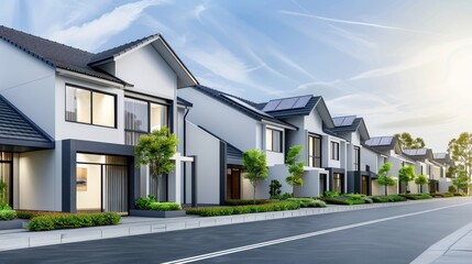 Modern Townhouses: A row of contemporary townhouses with gray roofs and white walls under bright sunlight