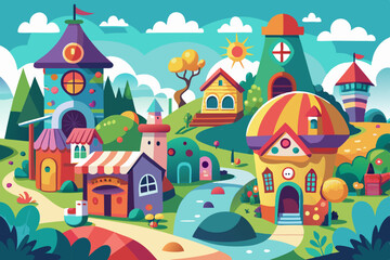 Vibrant Groovy Cartoon Village Scene

