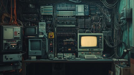 Fototapeta premium A wall covered with vintage electronics and wires, a dimly lit room.