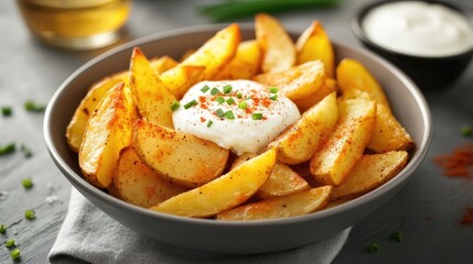 A bowl of crispy fried potato wedges seasoned with paprika and served with a side of sour cream and chive dip