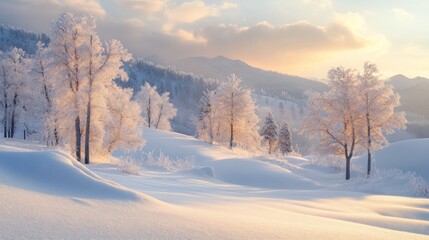 Obraz premium A serene winter landscape with snow-covered trees and mountains bathed in the golden light of the setting sun.
