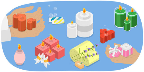 3D Isometric Flat  Illustration of Handmade Soap And Candles, Body Care Items