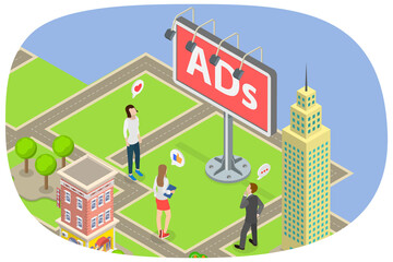 Fototapeta premium 3D Isometric Flat Illustration of City Street Marketing , Effective Advertising Campaign