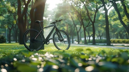 Fototapeta premium Advanced electric bike with sleek design riding through a green urban park