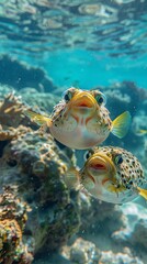 Two pufferfish rested quietly on the rocky ocean floor.
