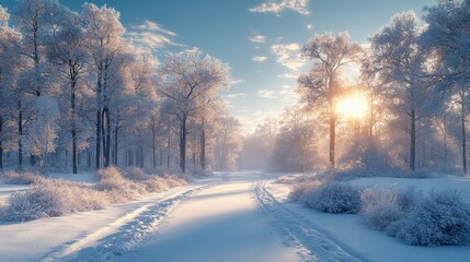 Fototapeta premium Sunlit Path Through a Snowy Forest, Glimmering With Frost and Serenity