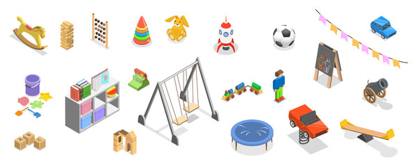 3D Isometric Flat  Set of Kindergarten, Classroom of Nursery School