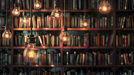 many hanging light bulbs glow dimly, with bookshelves in the background. concept of looking for ideas to solve problems.