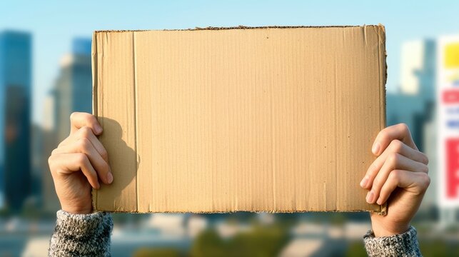 Naklejki Person holding a blank cardboard sign against a cityscape background, ideal for message customization and promotions.