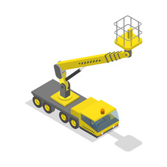 3D Isometric Flat  Set of Modern Truck-mounted, Installation Work at Height