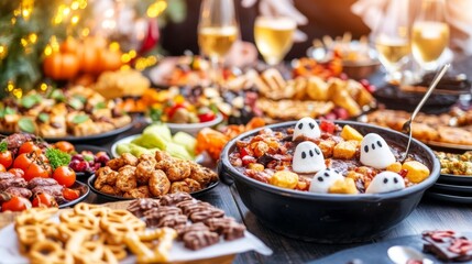 A Halloween fondue party with a bubbling cauldron of melted chocolate