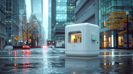 Futuristic white booth or kiosk for sending and receiving parcels on street of a city, post of new generation