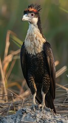 Obraz premium Perched, the crested caracara displays its striking red eyes.