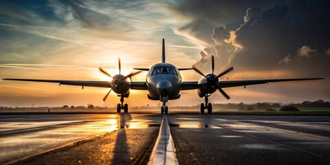 Navy propeller aircraft silhouette on runway preparing to take off