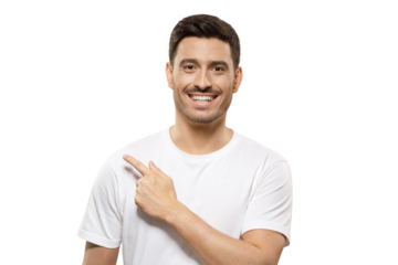 Young positive laughing man in white t-shirt pointing leftwards with his finger, showing good commercial offer