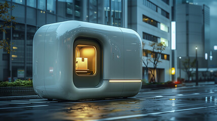 White modern booth or kiosk on city street, clean and innovative