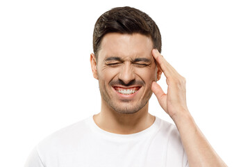 Obraz premium Headache concept. Man touching temple with hand trying to relieve pain, experiencing severe migraine, feeling stressed
