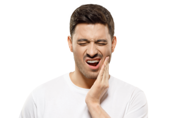 Young man with closed eyes suffering from severe toothache, touching jaw with fingers trying to ease strong tooth pain