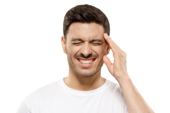 Headache concept. Man touching temple with hand trying to relieve pain, experiencing severe migraine, feeling stressed