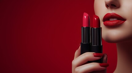 Close-up of woman's hand holding two lipsticks, pink and red lipstick against a solid dark red background