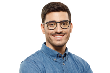 Close-up portrait of young smiling handsome man wearing blue shirt and glasses, feeling confident as professional