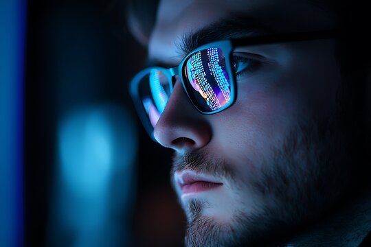 In a dark office, a male software engineer's monitor reflects coding on his glasses.
