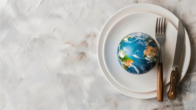 Globe on Dinner Plate with Cutlery Reflecting Global Food Security. World Food Day, International Day of Awareness of Food Loss and Waste