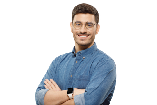 Young business guy in blue shirt and glasses, wearing black smart watch, standing with crossed arms and smiling happily, isolated on gray background - Powered by Adobe
