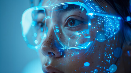 Female scientist in protective glasses, blue neon futuristic photo. Innovative technologies and progress concept