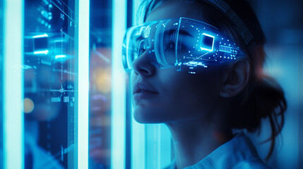 Female scientist in protective glasses, blue neon futuristic photo. Innovative technologies and progress concept
