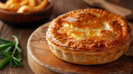 Delicious Meat Pie on Wooden Board in Clean Setting