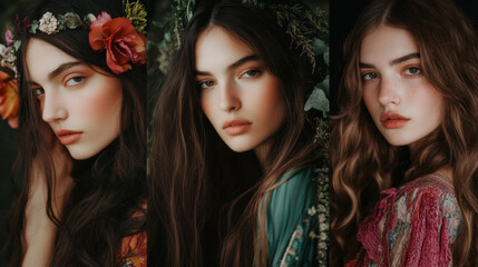 Fototapeta premium Captivating Portraits of a Young Woman Amidst Nature's Beauty and Floral Accents