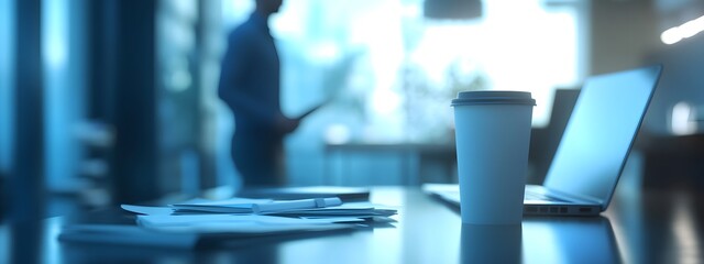 A modern office desk with an open laptop, coffee cup, and documents on it