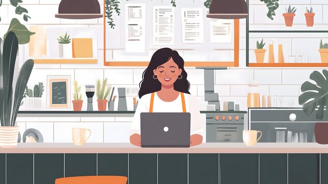 12. A virtual assistant creating engaging content on a laptop at a trendy cafe