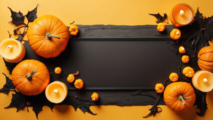 Happy halloween banner template. Flat lay composition with pumpkin and candles on orange background.