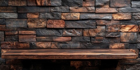 Rustic Wooden Shelf Against a Stone Wall Background