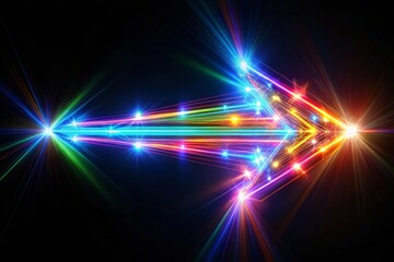 A colorful arrow made of glowing light beams, pointing right at the center on a black background he arrow forms an elegant and dynamic shape with a sense of motion and speed
