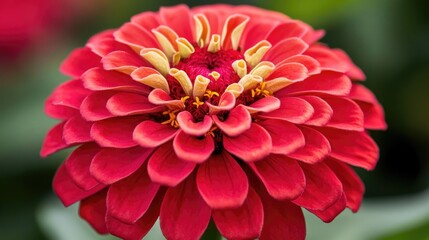 A close-up of a vibrant red zinnia flower in full bloom, with its intricate center and bright petals standing out against a blurred background