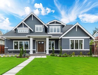 New traditional style craftsman home with gray exterior and white trim, front yard with green grass on sunny day in Pacific Northwest neighborhood.