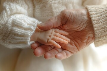 A newborn's hand held gently in the hand of an elderly person.