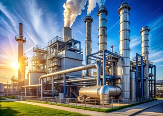 A modern industrial facility featuring tall smokestacks, complex piping, and bright sunlight against a clear blue sky.