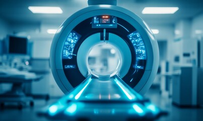 advanced mri or ct scan medical diagnosis machine at hospital lab as wide banner with copy space area