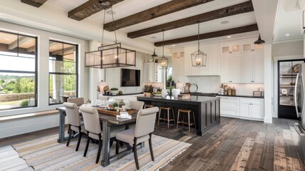 Fototapeta premium Panorama of Kitchen and Dining Room in New Luxury Home